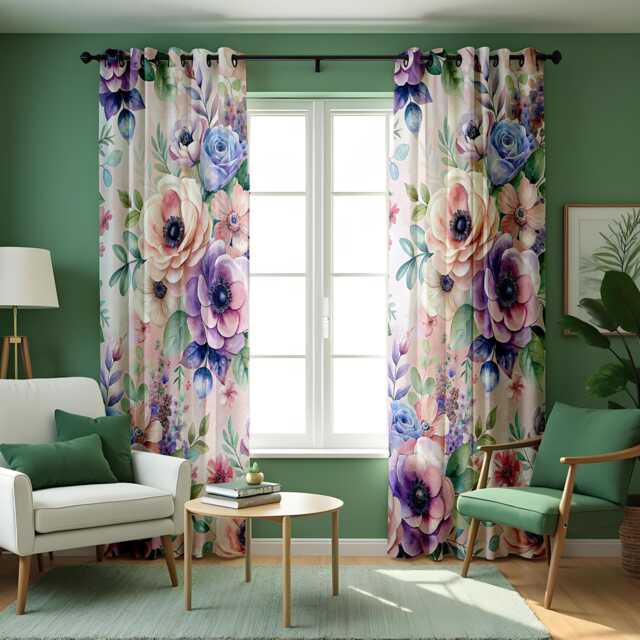 Watercolor Floral Curtains, Purple & Blue Peony Drapes, Botanical Print Panels, Custom Made Eyelet Or Rod Pocket Curtains - image 1