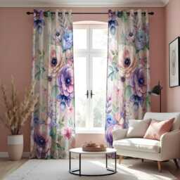 Watercolor Floral Curtains, Purple & Blue Peony Drapes, Botanical Print Panels, Custom Made Eyelet Or Rod Pocket Curtains - thumbnail 2