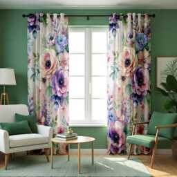 Watercolor Floral Curtains, Purple & Blue Peony Drapes, Botanical Print Panels, Custom Made Eyelet Or Rod Pocket Curtains