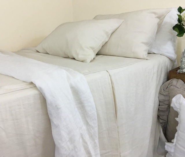 Cream Linen Beds Cover With Tailored Pleats, Bedspread - Warm Color Embrace - image 1