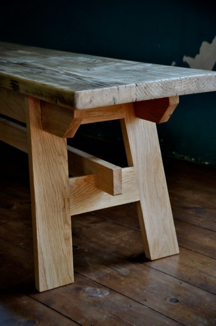Reclaimed Wood Farmhouse Bench Solid Oak Frame, Handmade - image 1