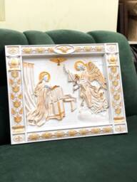 Oak Wood Annunciation Plaque Carved Religious Wall Art Personalized, 8 Colors, Xs-Xxl, Tax Free