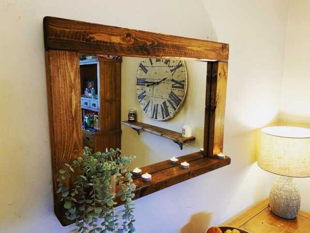 Rustic Wood Mirror With Shelf Handcrafted Farmhouse Decor - image 1