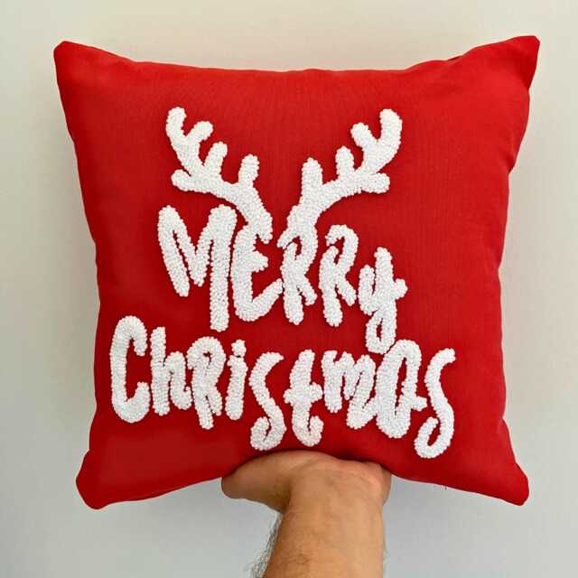 Embroidered Merry Christmas Pillow, Handmade Holiday Decor - image 1