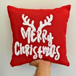 Embroidered Merry Christmas Pillow, Handmade Holiday Decor - thumbnail 1