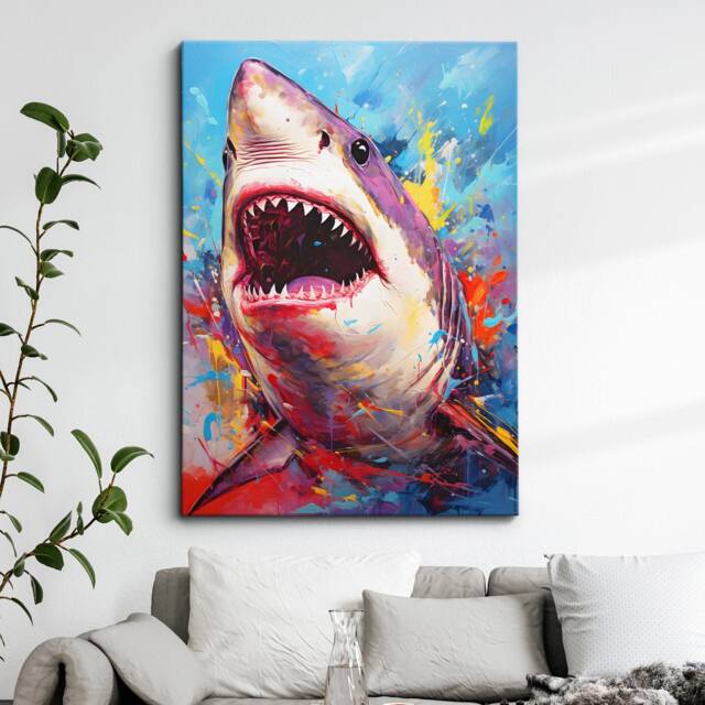Colorful Shark Animal Abstract Oil Painting Splatter Style Wall Art, Framed Canvas Poster Print, Home Kitchen Office Room Decor, Gifts - image 1