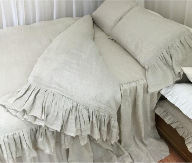 Chevron Duvet Cover With Mermaid Long Ruffles, Woven From Natural Linen, Shabby Chic Bedding - image 1