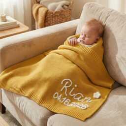 Personalized Knitted Baby Blanket, Organic Cotton Stroller Cover - thumbnail 2