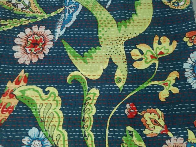 Handmade Floral Kantha Quilt, Indian Cotton Bedspread - 108x90 - image 1