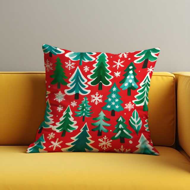 Red Christmas Tree Cushion Cover, Festive Throw Pillowcase With Green Trees & Snowflakes, Bold Holiday Decor For Sofa Or Living Room - image 1