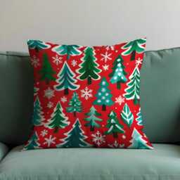 Red Christmas Tree Cushion Cover, Festive Throw Pillowcase With Green Trees & Snowflakes, Bold Holiday Decor For Sofa Or Living Room - thumbnail 2