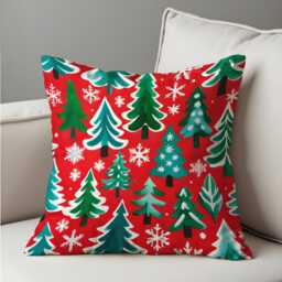 Red Christmas Tree Cushion Cover, Festive Throw Pillowcase With Green Trees & Snowflakes, Bold Holiday Decor For Sofa Or Living Room - thumbnail 4