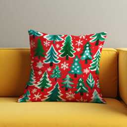 Red Christmas Tree Cushion Cover, Festive Throw Pillowcase With Green Trees & Snowflakes, Bold Holiday Decor For Sofa Or Living Room