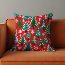 Red Christmas Tree Cushion Cover, Festive Throw Pillowcase With Green Trees & Snowflakes, Bold Holiday Decor For Sofa Or Living Room - thumbnail 3