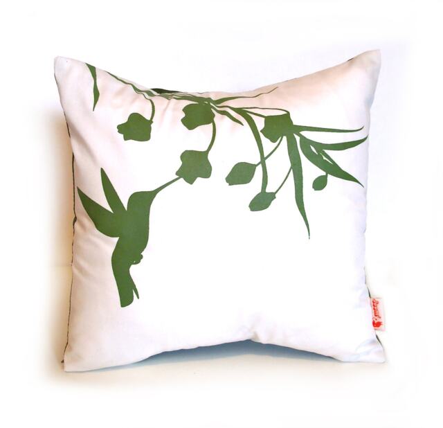 Olive Green Print On White Cotton Hummingbird With Eucalyptus - Mini 10.5 Inches Square Pillow - image 1
