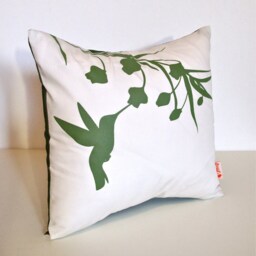 Olive Green Print On White Cotton Hummingbird With Eucalyptus - Mini 10.5 Inches Square Pillow - thumbnail 2