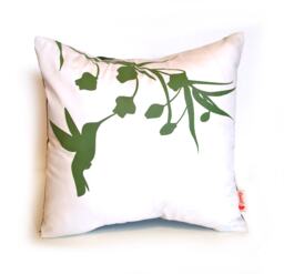 Olive Green Print On White Cotton Hummingbird With Eucalyptus - Mini 10.5 Inches Square Pillow - thumbnail 1