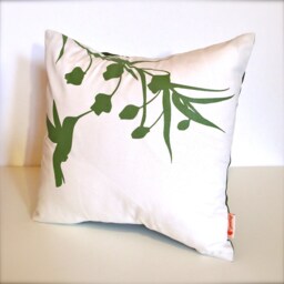 Olive Green Print On White Cotton Hummingbird With Eucalyptus - Mini 10.5 Inches Square Pillow - thumbnail 3