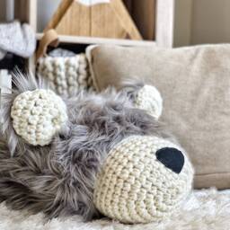 Gray Bear Faux Fur Pillow For Woodland Nursery Decor - thumbnail 3