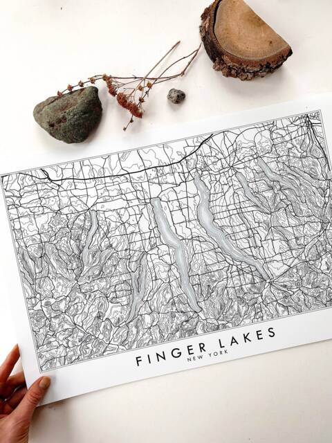 Finger Lakes Hand Drawn Map New York Topographic Drawing - Art Print Wedding Anniversary Gift Cayuga Skaneateles Canandaigua Lake House Deco - image 1