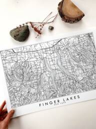 Finger Lakes Hand Drawn Map New York Topographic Drawing - Art Print Wedding Anniversary Gift Cayuga Skaneateles Canandaigua Lake House Deco - thumbnail 1