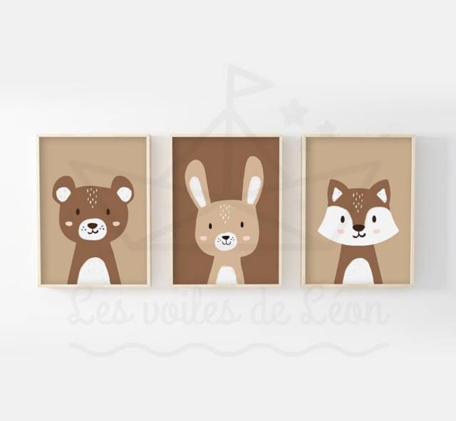 Set Of 3 Baby Forest Posters Bear, Rabbit, Fox, Wall Decoration For A Child's Room. Animal Posters, Shower Gift Idea - image 1