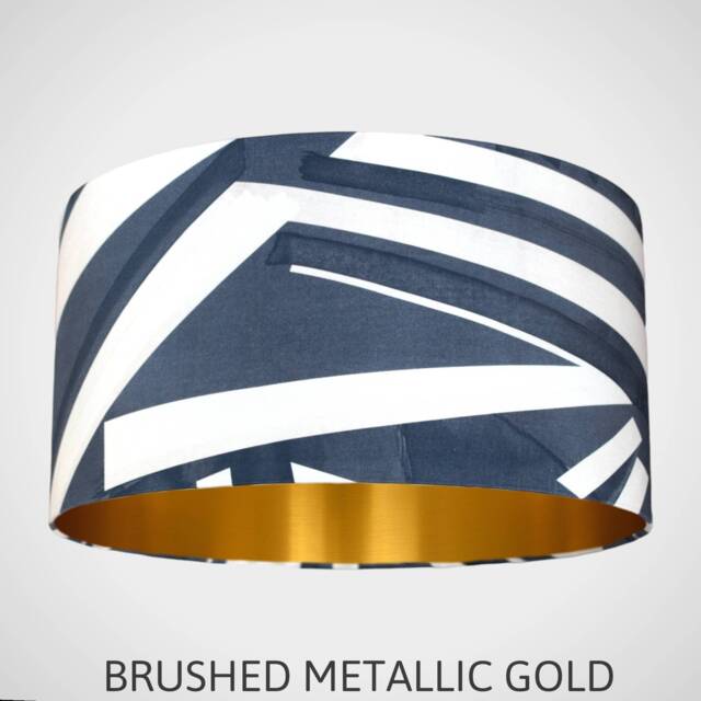 Geometric Stripe Lampshade Blue With Gold Lining, 20cm To 50cm Diameter, Modern Custom Made Drum Shade Handmade By Vivid Shades - image 1