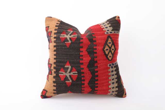 Vintage Turkish Kilim Pillow Cover Handwoven Wool Cushion, 16x16 - image 1