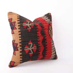 Vintage Turkish Kilim Pillow Cover Handwoven Wool Cushion, 16x16 - thumbnail 2