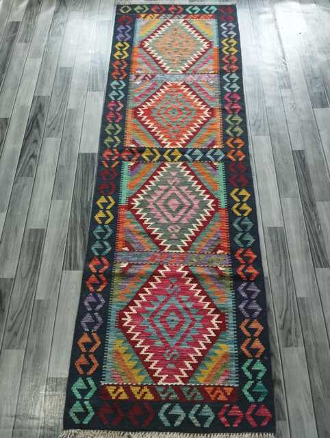 Multicolour Wool Kilim Runner, Handmade Artisan Afghan Turkish Persian Qashqai Moroccan Navajo Flatweave, Natural Rug 247x79 cm - image 1