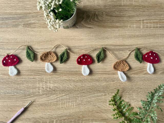 Crochet Mushroom Garland - Toadstool Wall Hanging Home Decor - image 1