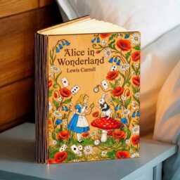 Alice in Wonderland Book Lamp, Lewis Carroll Wooden Led Night Light, White Rabbit Mushroom & Playing Cards Flower Lamp - thumbnail 4