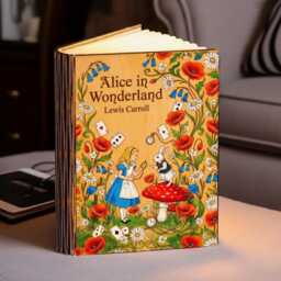 Alice in Wonderland Book Lamp, Lewis Carroll Wooden Led Night Light, White Rabbit Mushroom & Playing Cards Flower Lamp