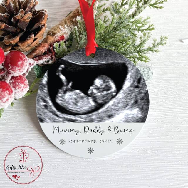 Personalised Baby Scan Bauble Mummy Daddy & Bump - Christmas Gift From The Bump Tree Decoration Sonogram - image 1
