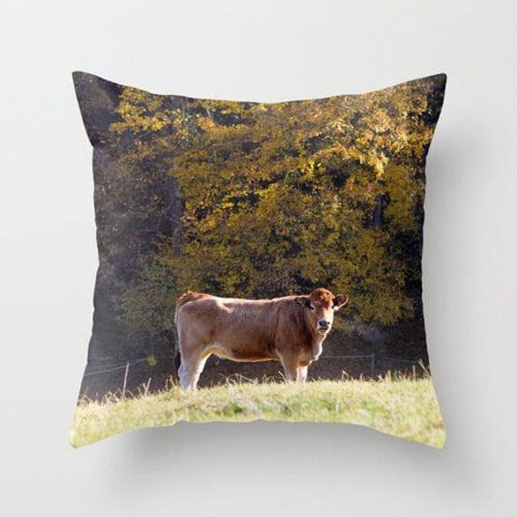 Brown Cow, Pillow Or Cover , Home Decoration, Green, Yellow, Brown, Morning, Landscape, Farm, Rustic Design, Country Living - image 1