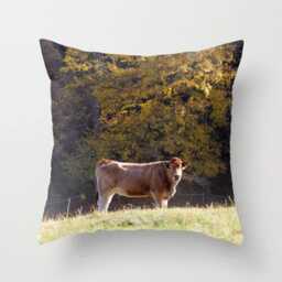 Brown Cow, Pillow Or Cover , Home Decoration, Green, Yellow, Brown, Morning, Landscape, Farm, Rustic Design, Country Living - thumbnail 1