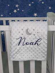 Personalised Baby Swaddle Wrap, Moon & Stars, Pink, Blue, Grey Or White, Soft Fluffy, Embroidered With Any Name - thumbnail 1