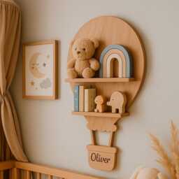Personalized Hot Air Balloon Shelf, Nursery Decor, Baby Room Wall Floating Wood Shower Gift - thumbnail 1