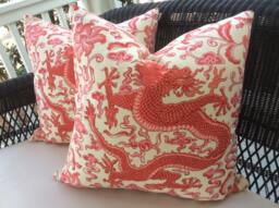 Scalamandre Pillow Cover in Chien Dragon in Persimmon - Linen, Coordinating Cream Woven Backing - thumbnail 1