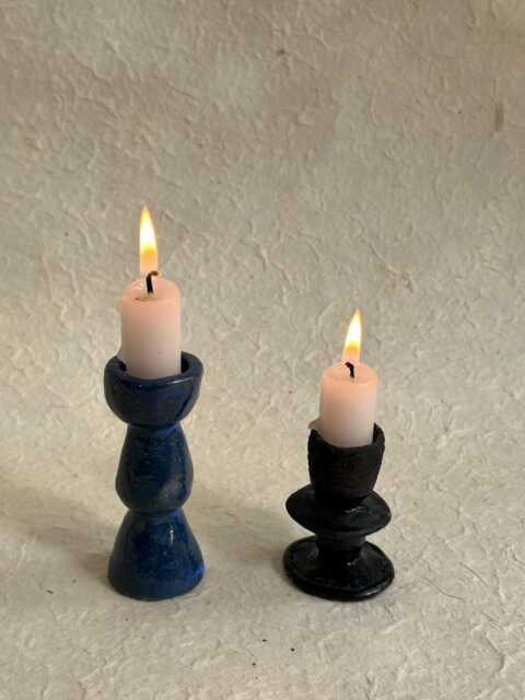 Pair Of Small Blue & Black Handmade Ceramic Candle Holders - image 1