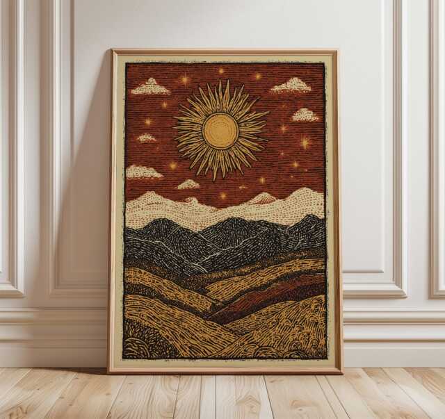 Sun Landscape Poster, Rustic Desert Wall Art Print in Folk Illustration Style - image 1