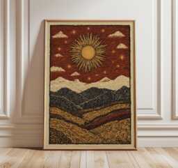 Sun Landscape Poster, Rustic Desert Wall Art Print in Folk Illustration Style - thumbnail 1