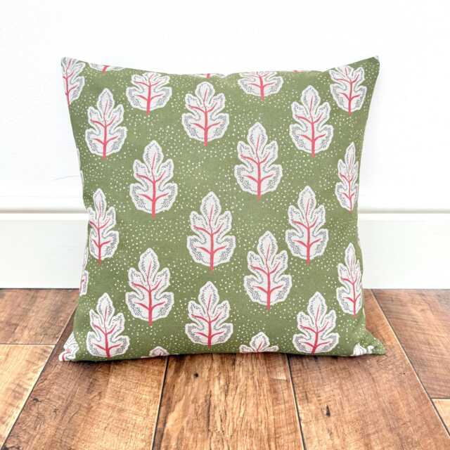 1685. Genoa Sage Green/Red Block Print Linen Look 100% Cotton Cushion Cover - image 1