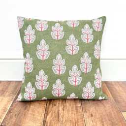 1685. Genoa Sage Green/Red Block Print Linen Look 100% Cotton Cushion Cover - thumbnail 1