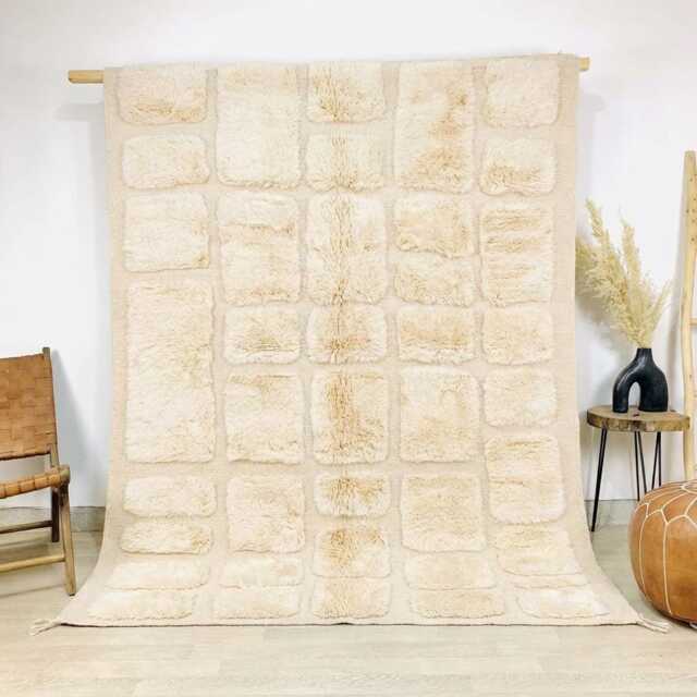 Handwoven Wool Shag Rug With Geometric Squares, Moroccan Ivory Berber Rug, Authentic Beni Ourain Style Carpet, Large 9x12 Area - image 1