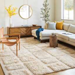 Handwoven Wool Shag Rug With Geometric Squares, Moroccan Ivory Berber Rug, Authentic Beni Ourain Style Carpet, Large 9x12 Area - thumbnail 2