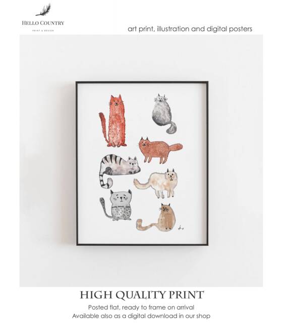 Watercolor Cat Art Print Abstract Japanese Cats, A4 - image 1