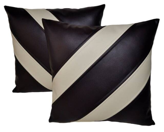 "2 Black & Cream Striped Faux Leather Cushion Covers 16"" 18" - image 1
