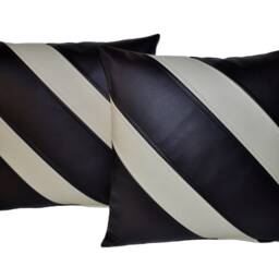"2 Black & Cream Striped Faux Leather Cushion Covers 16"" 18" - thumbnail 2