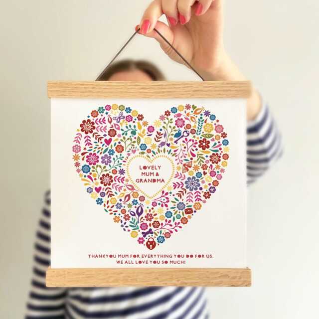 Personalised Mothers Day Floral Heart Canvas Art Print With White Or Oak Poster Hangers - image 1
